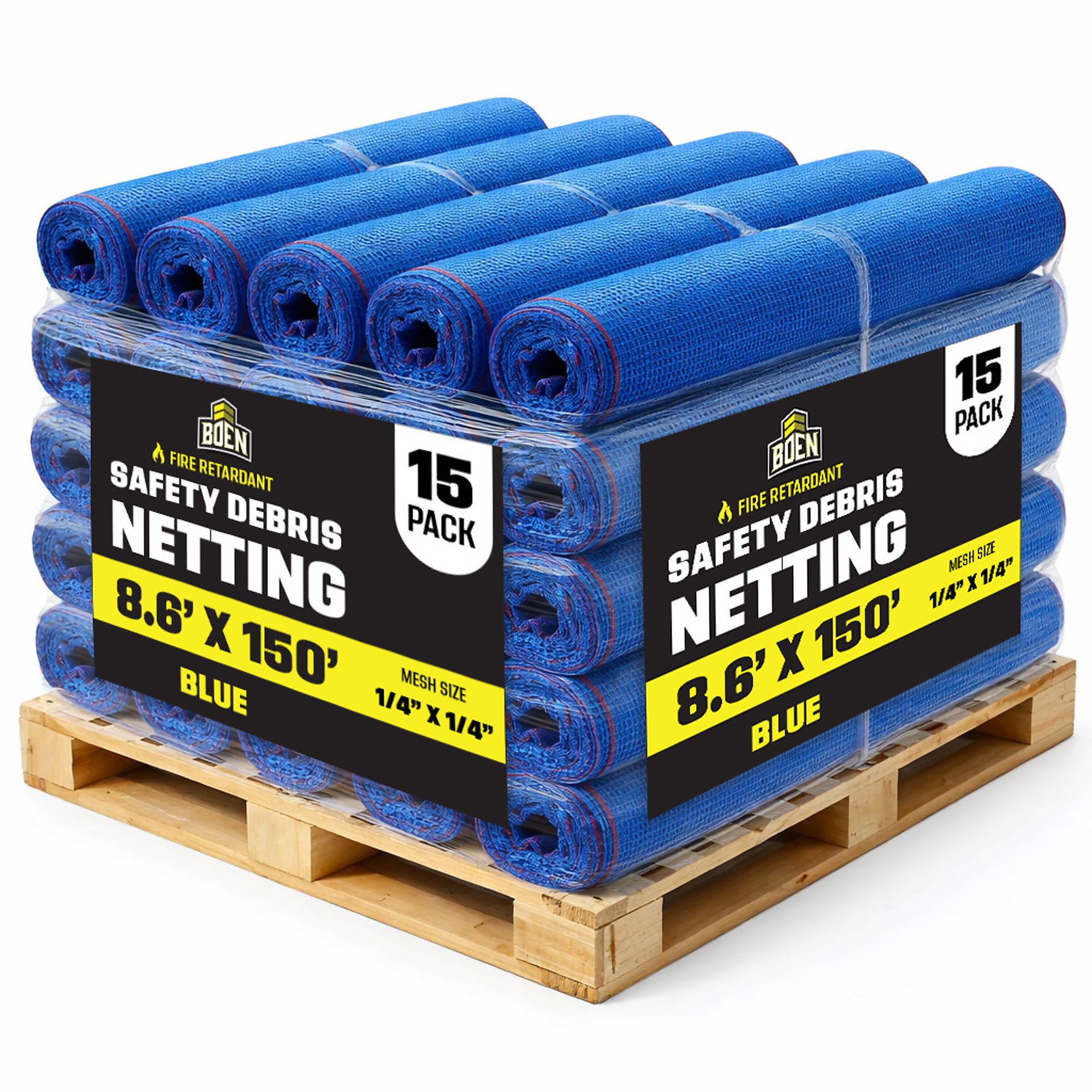 Boen Blue Safety Debris Netting, 8.6 ft x 150 ft, 1/14" Mesh, 15-Pack, Fire Retardant, UV Treated for Scaffolding, Dust Control, Construction Barrier Fencing, Wind Block, and Site Protection